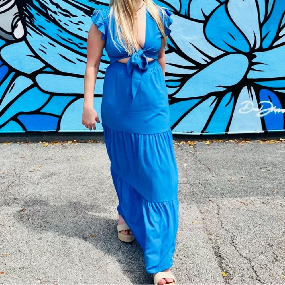 Pink Lily Say You Will Blue Tie Cropped Blouse and Tiered Maxi Skirt